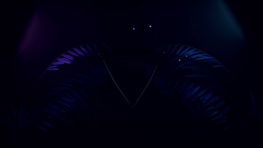 Dimming neon triangle stacking nested outlines above purple grid, flanking palms creating glow. Lattice, palm, fronds, synthwave, symmetry, concentric, geometric