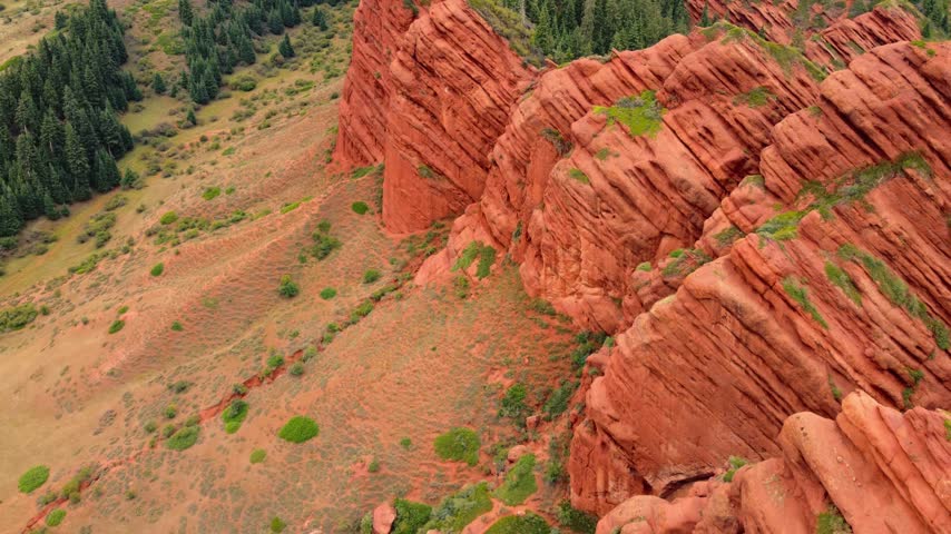 Slanted Seven Bulls red rock ridges and pine slopes in Jeti-Oguz Kyrgyzstan
