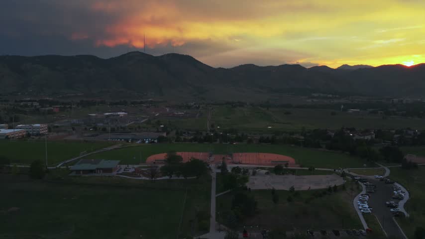 Ulysses Sports Complex Field Skatepark Softball game City of Golden aerial drone Colorado summer sunset Rocky Mountains Front Range foothills Clear Creek South Table Mountain forward down