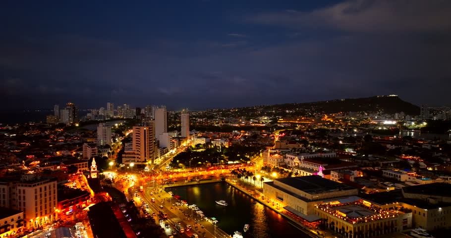 Night cityscape aerial view of illuminated Old Town of Cartagena in Colombia