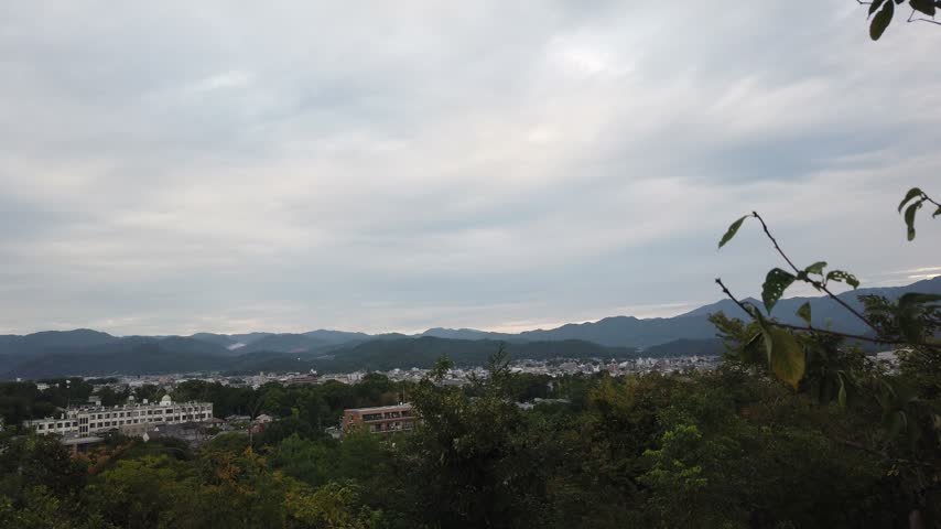 High angle viewpoint of Kyoto City Japan around Mountain Background as seen from Funaoka Mount