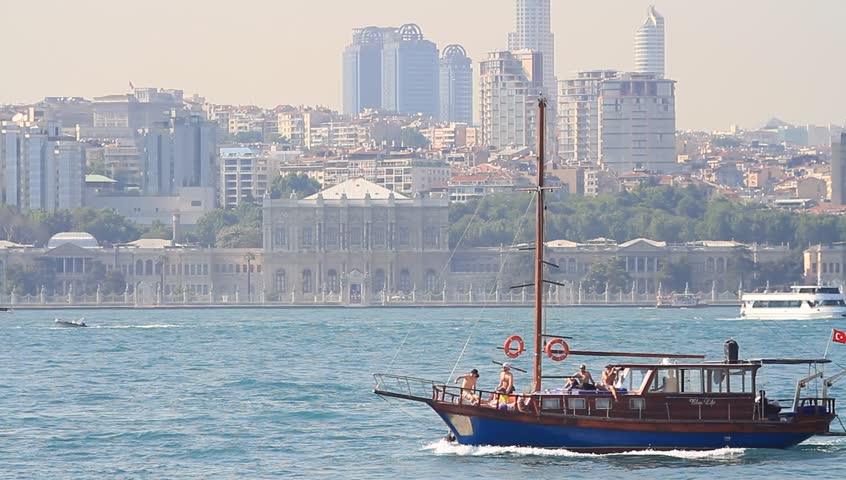 Typical Turkish Gulet Yacht. Yacht sails through the Bosporus Sea in Istanbul
