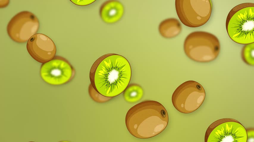 Animated whole and sliced kiwi fruit falling against a soft green gradient background.