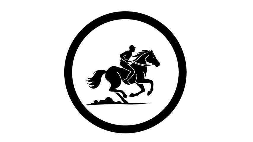 Animated black silhouette icon of a jockey riding a galloping racehorse inside a circular frame