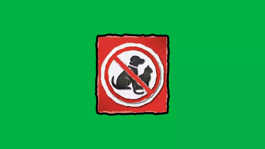 No pets allowed sign with dog and cat silhouette on red background.