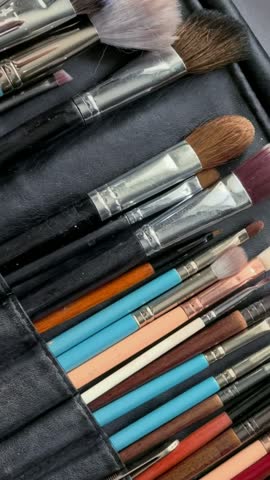 Collection of professional makeup brushes arranged in a cosmetic artist case, beauty tools, salon equipment and organized makeup kit.