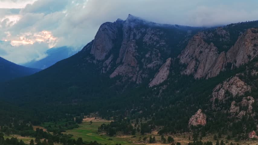 Estes Park McGregor Mountain The Needles summer low rain clouds sunset blue hour Black Canyon Creek Balanced Rock landscape aerial drone Colorado Front Range Rocky Mountains National Park circle right