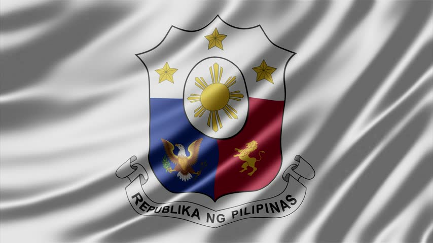 Republic of Philippines coat of arms displays prominently on a soft white silken fabric background while rippling gently in a continuous smooth motion video sequence representing national pride and deep cultural heritage for official government presentations or educational digital media creative projects.