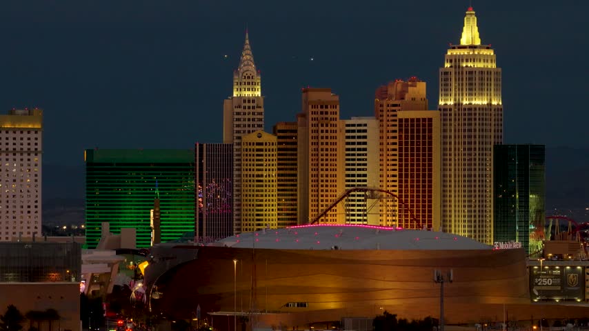 Aerial Las Vegas South Strip Skyline NY NY Hotel T Mobile Arena Flyover