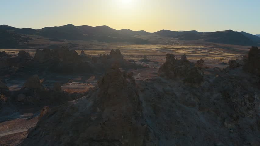 Aerial Trona Pinnacles California Desert Landscape Sunrise Flyover