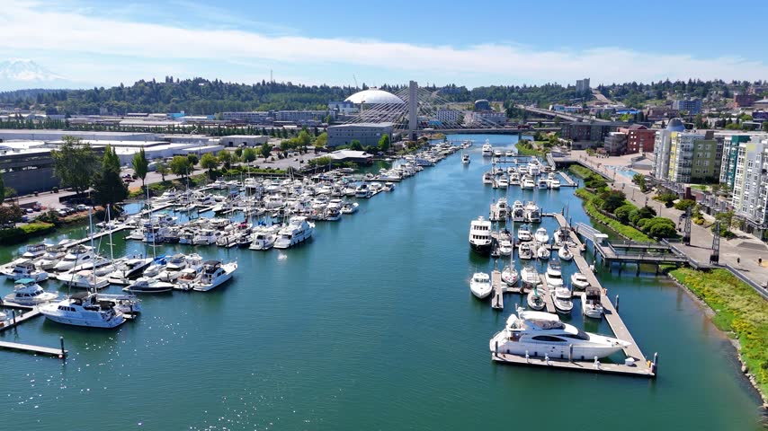 Aerial Marina Downtown Tacoma Washington Waterfront Bridge Fly Through