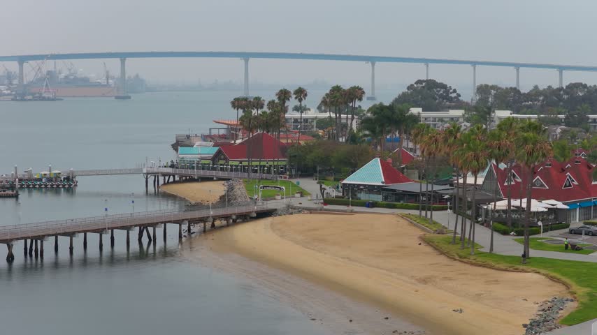 Aerial Coronado Ferry Landing Park San Diego Pier Beach Bridge Flyover