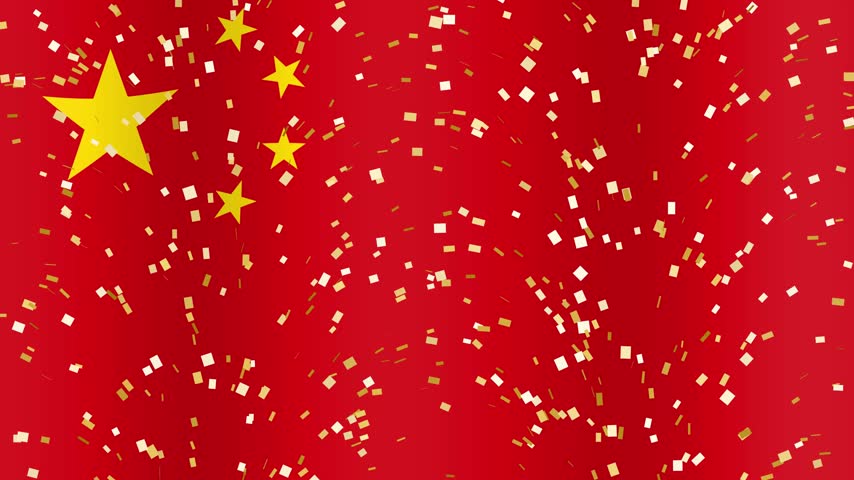 A waving Chinese flag background with falling gold confetti and metallic China text overlay.