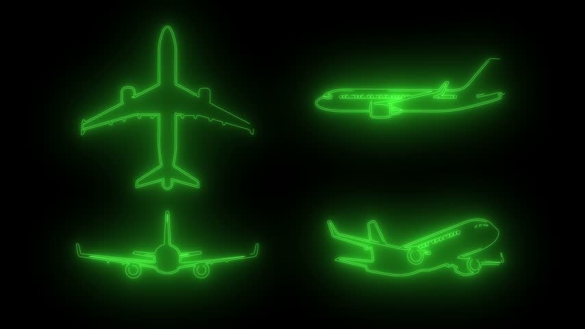 Glowing Green Neon Airplane Line Art Icons Animated Set on Black Background, Commercial Jet Aircraft Schematics