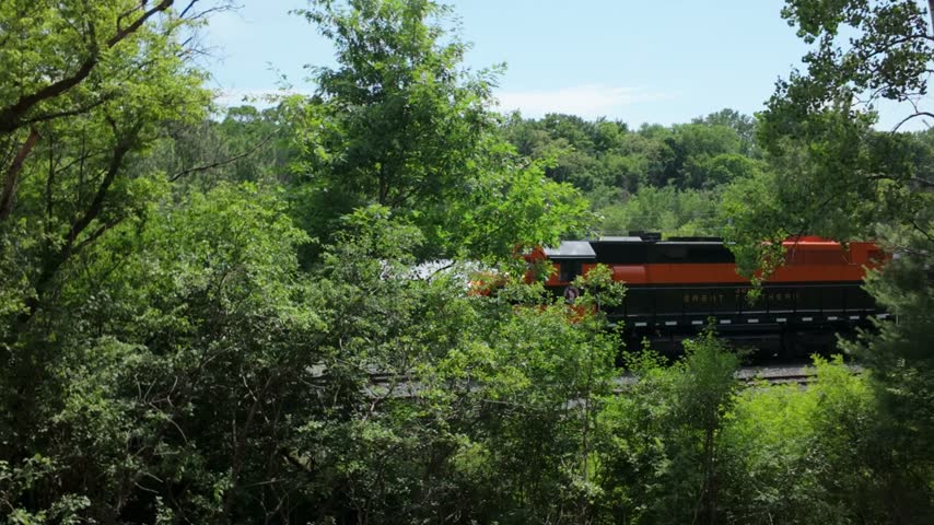Gimbal wide panning shot of the Great Northern Railway in Osceola, Wisconsin. 4K