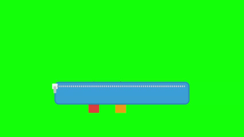 2D flat vector illustration of a blue zippered school pencil case with two sharpened colored pencils in red and yellow orange tones, isolated on a bright solid green background.