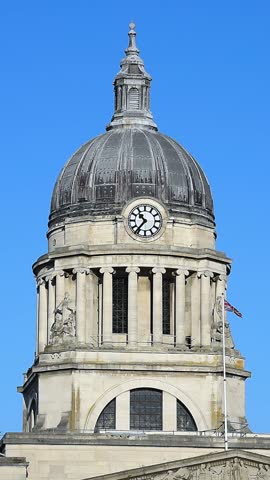 Close-up view of the Nottingham Council House Dome and Nottingham Council House Clock. Nottingham City Council is located in Old Market Square at the heart of Nottingham city centre, Nottinghamshire.