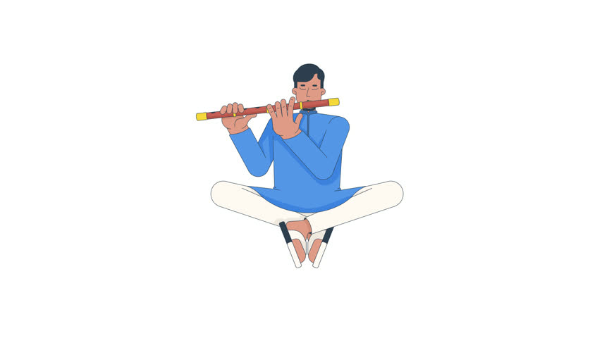 Indian man playing traditional flute 2D character animation. South Asian male performer sitting cross-legged with musical instrument animated person cartoon 4K video isolated on transparent background