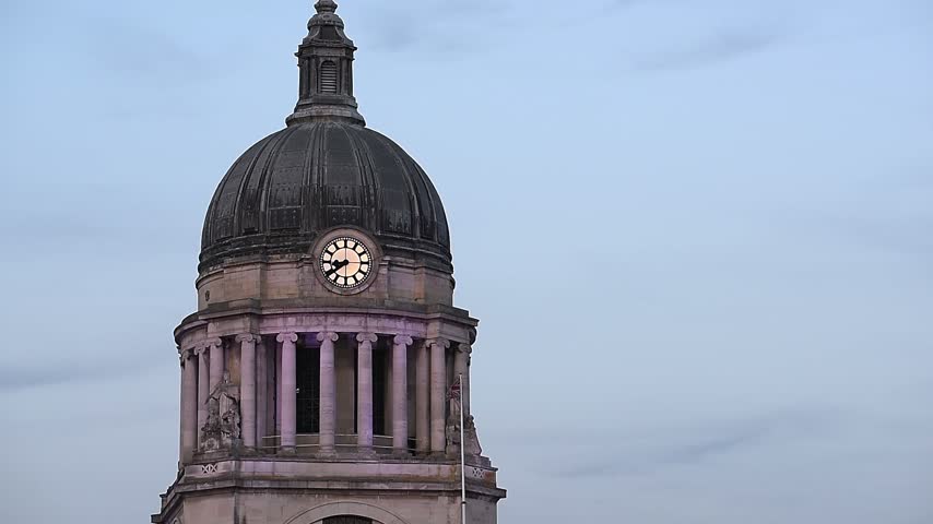 Close-up view of the Nottingham Council House Dome and Nottingham Council House Clock. Nottingham City Council is located in Old Market Square at the heart of Nottingham city centre, Nottinghamshire.