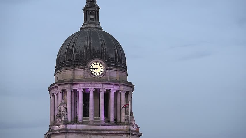 Close-up view of the Nottingham Council House Dome and Nottingham Council House Clock. Nottingham City Council is located in Old Market Square at the heart of Nottingham city centre, Nottinghamshire.