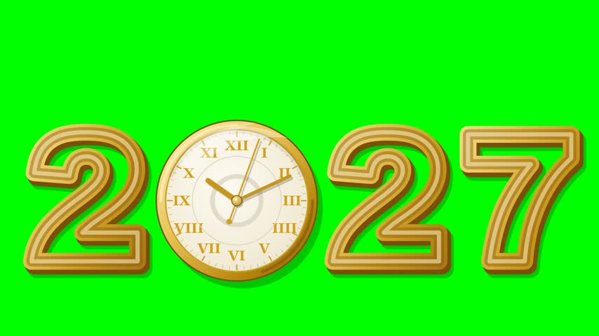 Flat vector golden glossy 3D 2027 like the reference on solid chroma green background: hollow tubular gold numbers two, two, seven built from layered strokes with open centers, inner tube shading, dark extrusion, soft drop shadows and bright core highlight, spaced very tightly with tiny clear gaps, the zero replaced by a detailed gold rim clock with bevel highlight arcs, cream dial with inner top shadow, minute tick ring, gold roman numerals, thin inner circle, inner gray ring, glass shine, shadowed gold hands with second hand counterweight and highlighted hub. The thin long second hand spins fast, the long minute hand spins fast but slower than the second, and the short hour hand turns slowly. No happy new year text, no blinking elements. Seamless 6-second loop.