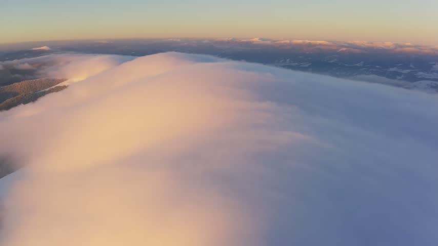 Cloud waves gently and slowly flow over the tops of snow-capped mountains covered with spruce forests at a cold sunset