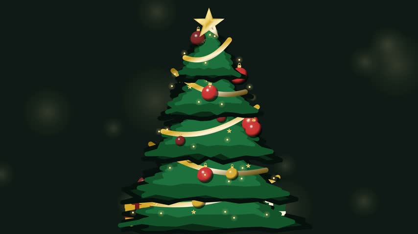 Animated Christmas tree with golden ribbons and red ornaments on dark background