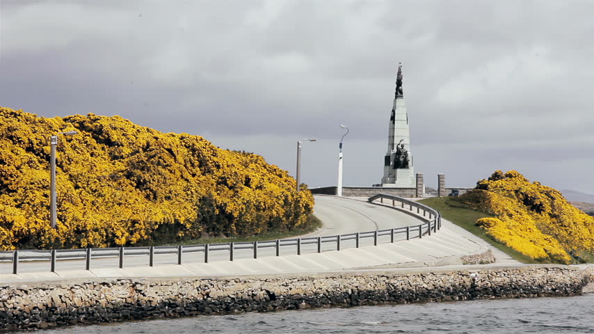 Memorial Tower Architecture And Roadway With Blooming Bushes In Stanley Falkland Islands (Islas Malvinas) - 4K