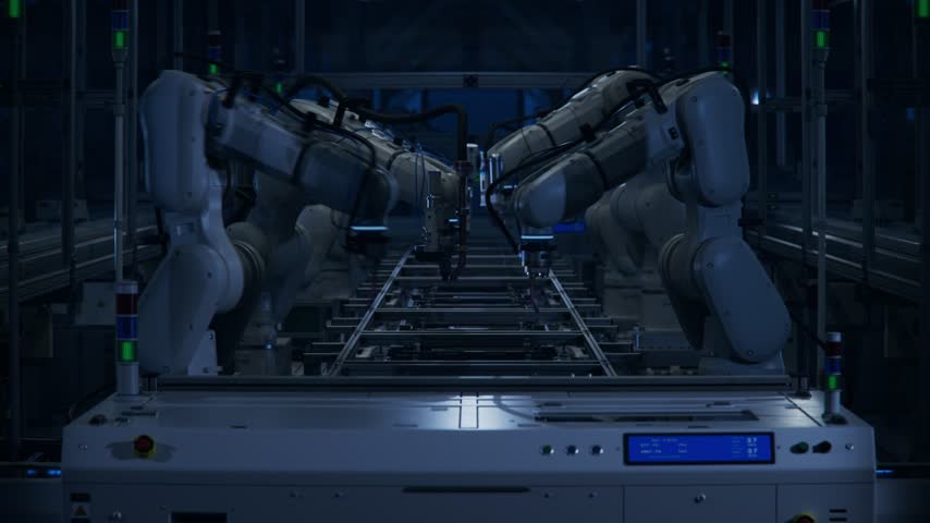 3D Animation: Automated Production Line with Robotic Arms on Dark Factory. Welding and Manufacturing Automation. Lights out Assembly Line with Autonomous Industrial Robot Arms.