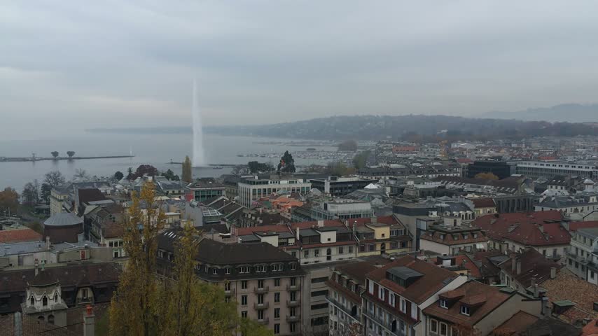 Panoramic view of Geneva cityscape, Lake Geneva and Jet d