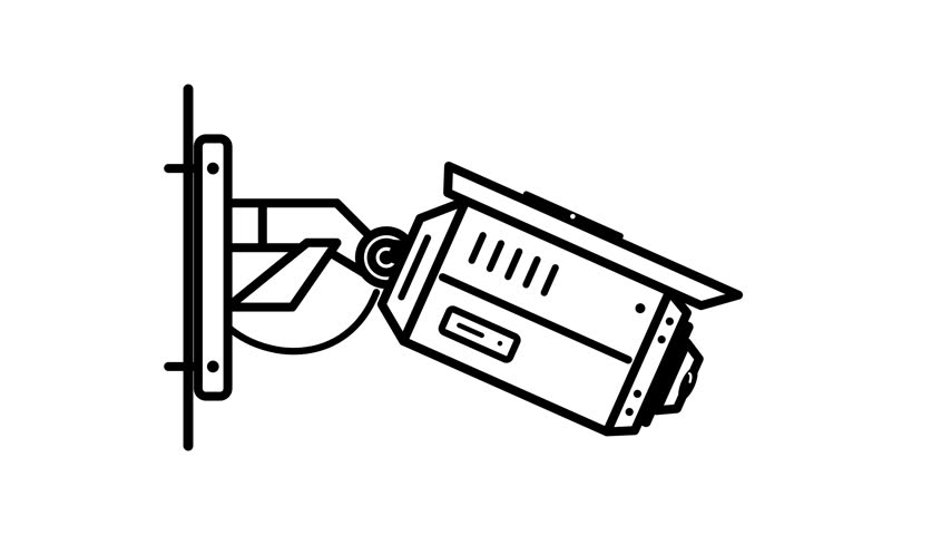 A clean line art animation of a wall-mounted security camera for surveillance and safety concepts.