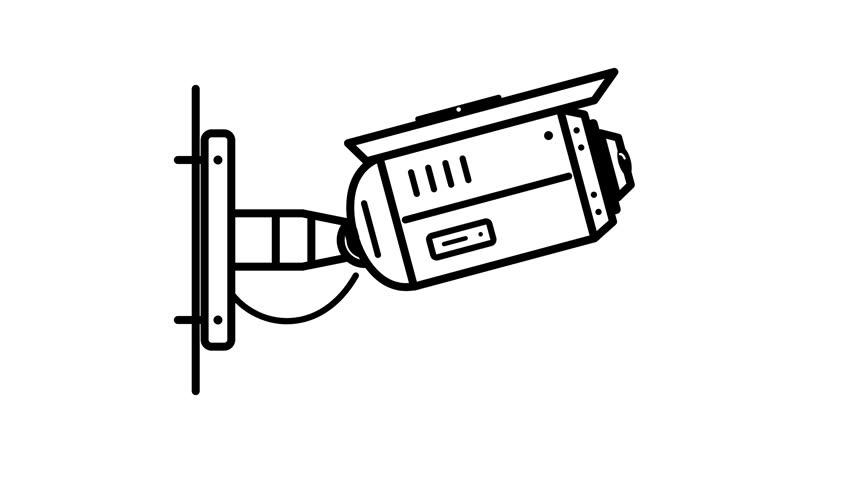 A clean line art animation of a CCTV security camera mounted on a wall.