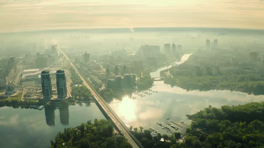 Aerial drone view of Kyiv, Ukraine, showing bridges, urban buildings, and a scenic cityscape beneath soft clouds and light fog, creating a calm atmospheric view of the city.