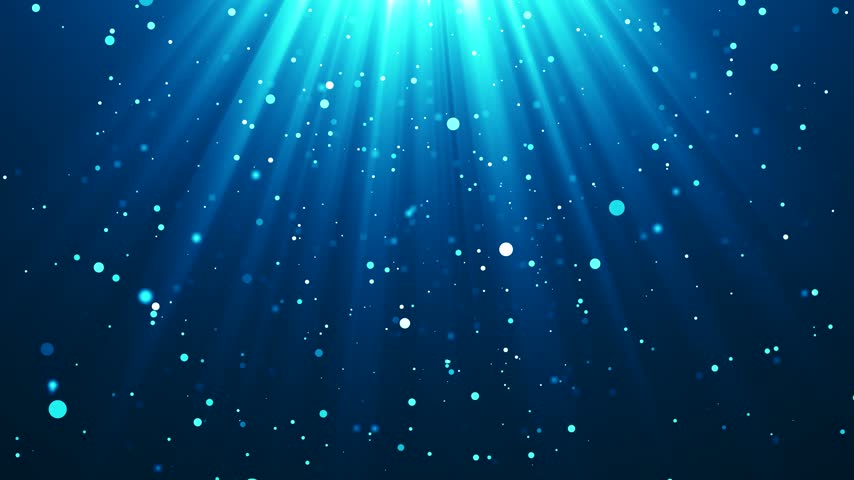 Bright light penetrates the rich blue space, filling the animation with a heavenly glow. Numerous glowing particles and soft highlights create an atmosphere of warmth, energy, and celebration. Downward-facing beams of light create a sense of movement, light, and optimism.