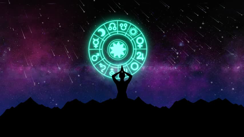 Silhouette Of A Person Meditating In Yoga Pose On Mountain Top Under A Glowing Teal Astrological Zodiac Wheel Sign Floating In Night Sky Filled With Purple Nebula Milky Way And Falling Shooting Stars Meteor Shower