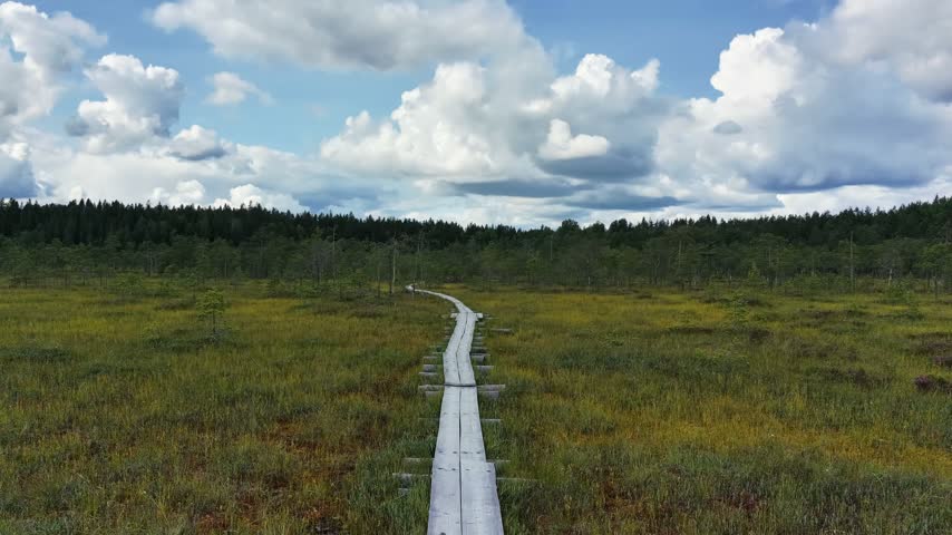 Slow Forward Drone Path Following Boardwalk Across Open Bog. Linnaistensuo Finland.