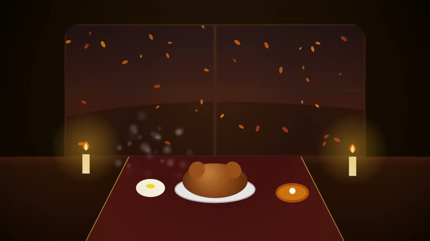 Thanksgiving Pumpkin Pie Animation with Falling Autumn Leaves and Festive Particles