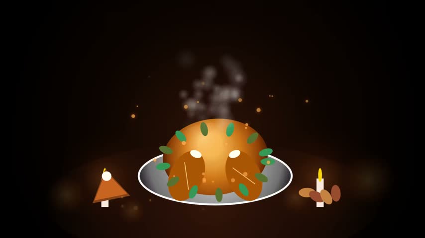Thanksgiving Pumpkin Pie Animation with Falling Autumn Leaves and Festive Particles