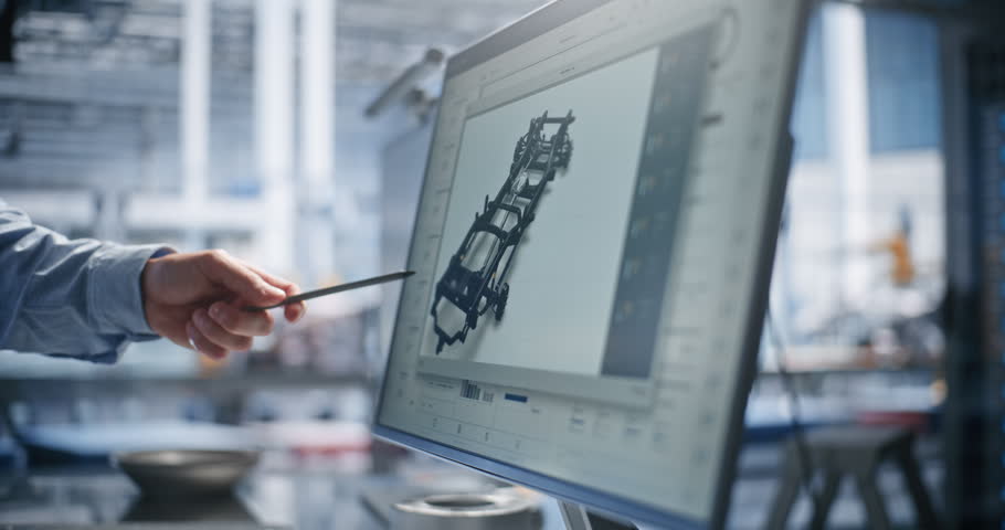 Engineer Pointing Stylus at 3D Vehicle Chassis CAD Model on Computer Display. Computer Aided Engineering Optimizes Modern Automotive Manufacturing Design. Automotive CAD Engineering, Vehicle Design.