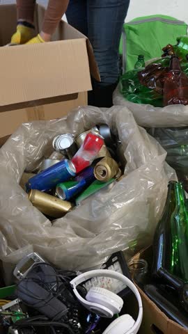 Recycling Metal Packaging and Food Cans. Person Sorting Recyclable Waste