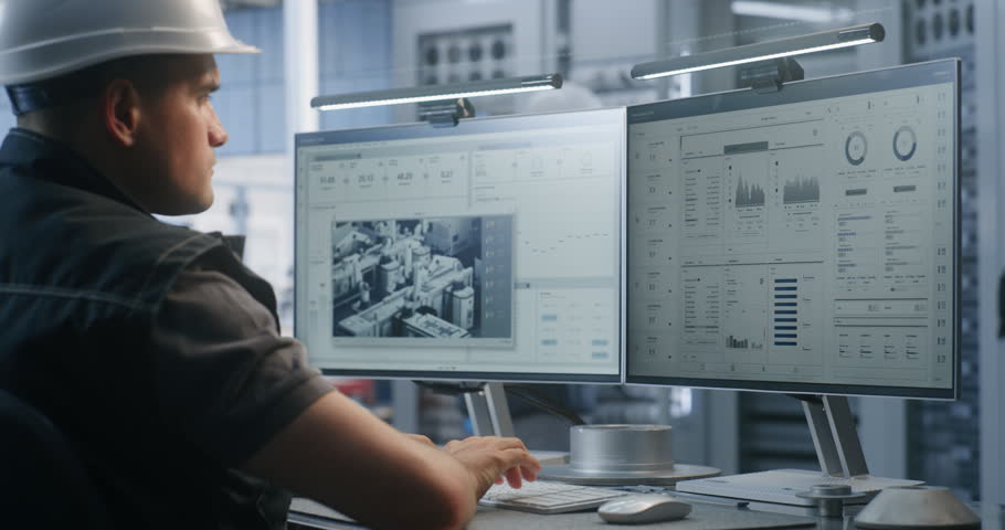 Inside Automated Plant, Young Specialist Operates PC to Supervise Real Time Factory Telemetry Data Graphs. Digital Twin Technology Optimizes Efficiency in High Tech Car Manufacturing. Industry 4.0.