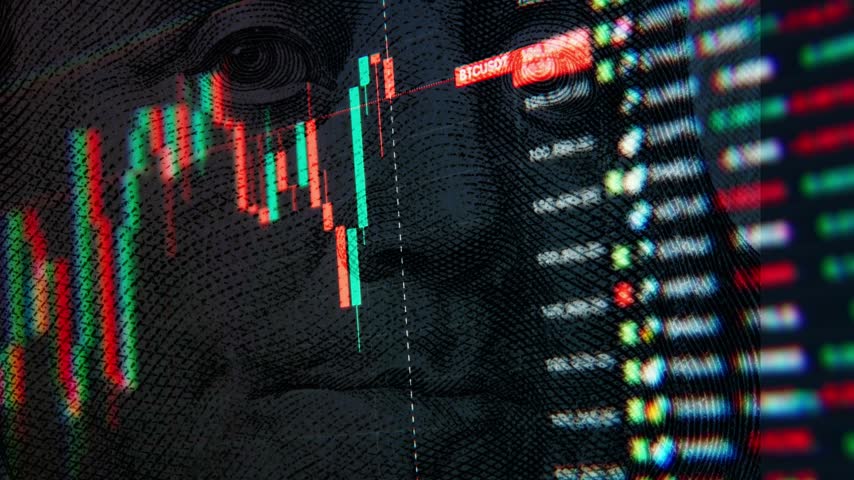 A dynamic timelapse video featuring fast moving stock market candlestick bars blended with a close up portrait of Benjamin Franklin from a 100 dollar bill, representing cash, wealth, and trading.