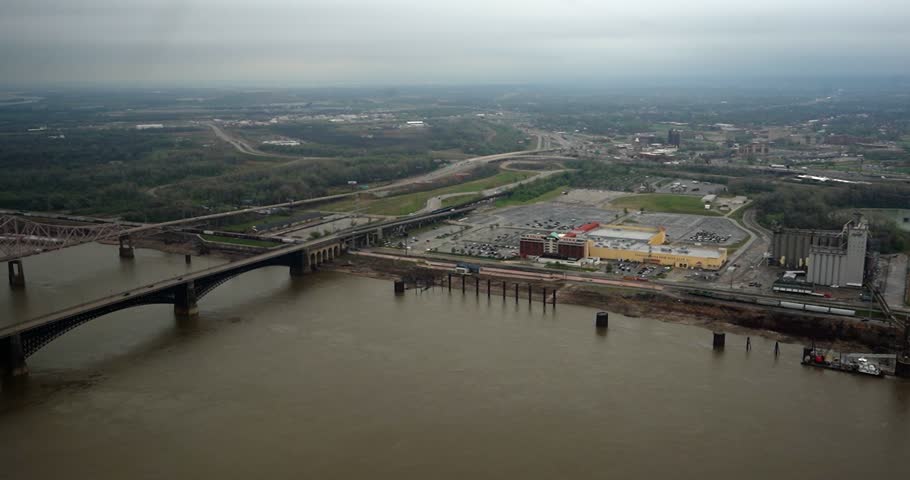 Bridges and industrial infrastructure viewed from above in St. Louis, Missouri