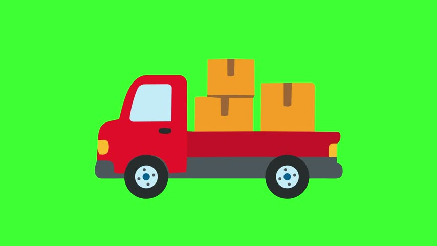 2D Flat Vector Animation of a Red Pickup Truck Carrying Boxes on Green Screen