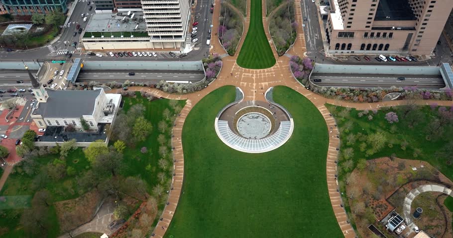 Green landscaping seen from window in Gateway Arch St Louis, Missouri