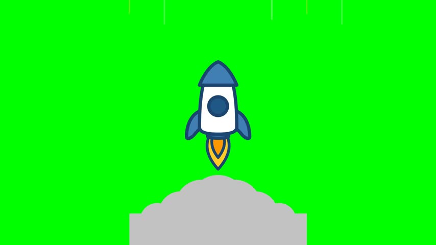 A flat vector animation shows a colorful cartoon spacecraft taking off into the air. The vehicle features a bold blue and white design with a glowing orange exhaust plume emerging from the base. Thick gray smoke billows underneath the craft while vertical lines drift past to simulate high speed upward motion.