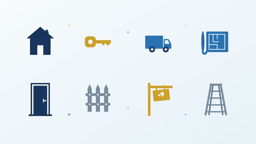 This animated graphic showcases a collection of flat vector icons related to property development and residential moving. The arrangement includes symbols for a house, entry door, security key, transport truck, architectural blueprint, wooden fence, signpost, and step ladder. These minimalist blue and yellow shapes appear against a clean light background with floating dots.