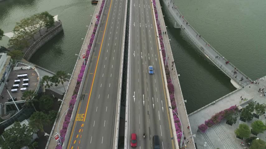 Aerial view captures bustling Singapore urban landscape. Cars navigate busy multi-lane highway bridge.