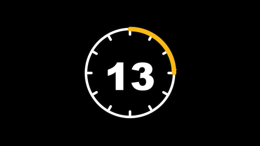 Digital Countdown Timer Animation with Number 13 and Yellow Circular Progress Bar on Black Background