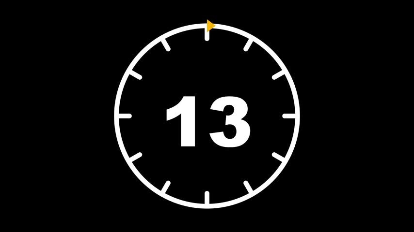 Digital Countdown Timer Animation with Number 13 and Yellow Circular Progress Arrow on Black Background